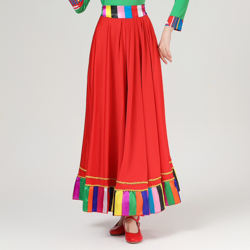 Женски костюм за квадратни танци в етно стил с тибетски мотиви и райета, плат Milk Silk, полиестер 90%, подплата Milk Silk със спандекс, подходящ за всички сезони, сценично етно облекло