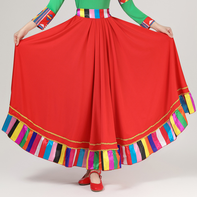 Женски костюм за квадратни танци в етно стил с тибетски мотиви и райета, плат Milk Silk, полиестер 90%, подплата Milk Silk със спандекс, подходящ за всички сезони, сценично етно облекло