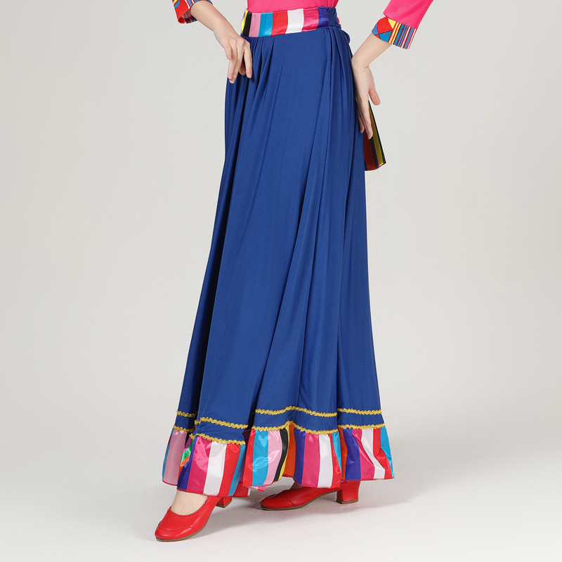 Женски костюм за квадратни танци в етно стил с тибетски мотиви и райета, плат Milk Silk, полиестер 90%, подплата Milk Silk със спандекс, подходящ за всички сезони, сценично етно облекло