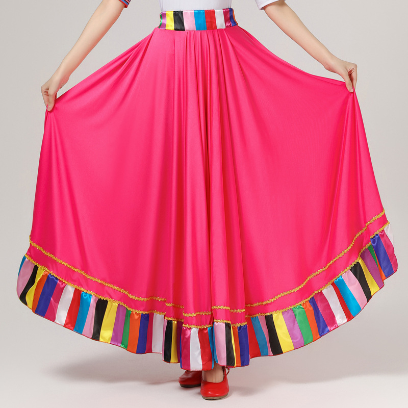 Женски костюм за квадратни танци в етно стил с тибетски мотиви и райета, плат Milk Silk, полиестер 90%, подплата Milk Silk със спандекс, подходящ за всички сезони, сценично етно облекло