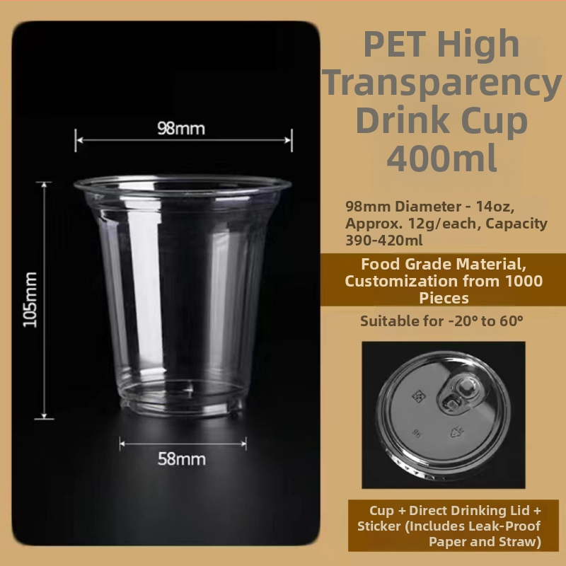 Jednokratna PET čaša za kavu i mliječni čaj s poklopcem, kapacitet 401–500 ml, kružnog oblika, otisnuto logo, mogućnost prilagodbe