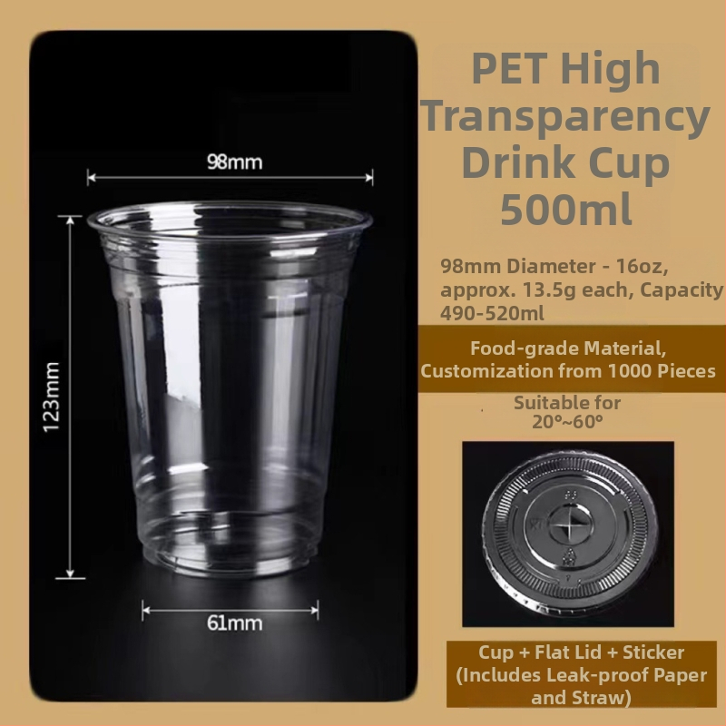 Jednokratna PET čaša za kavu i mliječni čaj s poklopcem, kapacitet 401–500 ml, kružnog oblika, otisnuto logo, mogućnost prilagodbe