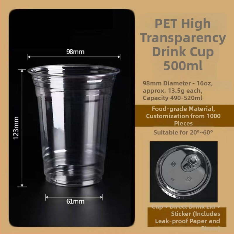 Jednokratna PET čaša za kavu i mliječni čaj s poklopcem, kapacitet 401–500 ml, kružnog oblika, otisnuto logo, mogućnost prilagodbe