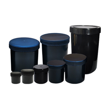 PP műanyag porüveg széles nyílású, csavaros kupakkal, öntapadós címkékkel