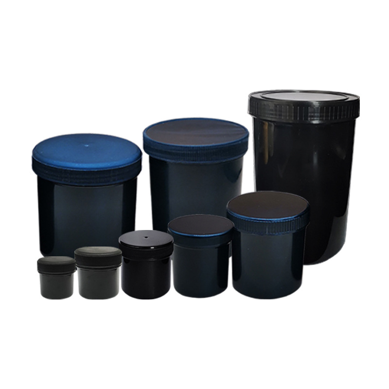 PP műanyag porüveg széles nyílású, csavaros kupakkal, öntapadós címkékkel