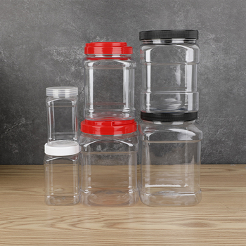 Квадратно запечатано пластмасово бурканче с капак, прозрачен PET контейнер за храна, капацитет 350/1250/1700/2000 мл, с капаци: плосък, винтов, с дръжка или алуминиев капак