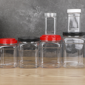 Квадратно запечатано пластмасово бурканче с капак, прозрачен PET контейнер за храна, капацитет 350/1250/1700/2000 мл, с капаци: плосък, винтов, с дръжка или алуминиев капак