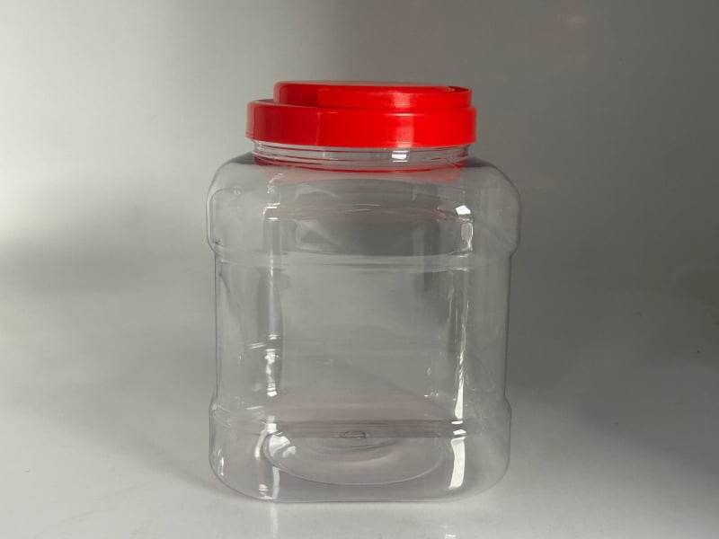 Квадратно запечатано пластмасово бурканче с капак, прозрачен PET контейнер за храна, капацитет 350/1250/1700/2000 мл, с капаци: плосък, винтов, с дръжка или алуминиев капак