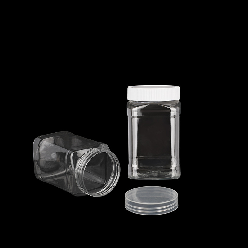 Квадратно запечатано пластмасово бурканче с капак, прозрачен PET контейнер за храна, капацитет 350/1250/1700/2000 мл, с капаци: плосък, винтов, с дръжка или алуминиев капак
