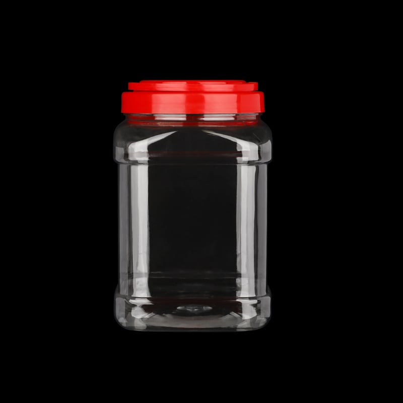 Квадратно запечатано пластмасово бурканче с капак, прозрачен PET контейнер за храна, капацитет 350/1250/1700/2000 мл, с капаци: плосък, винтов, с дръжка или алуминиев капак