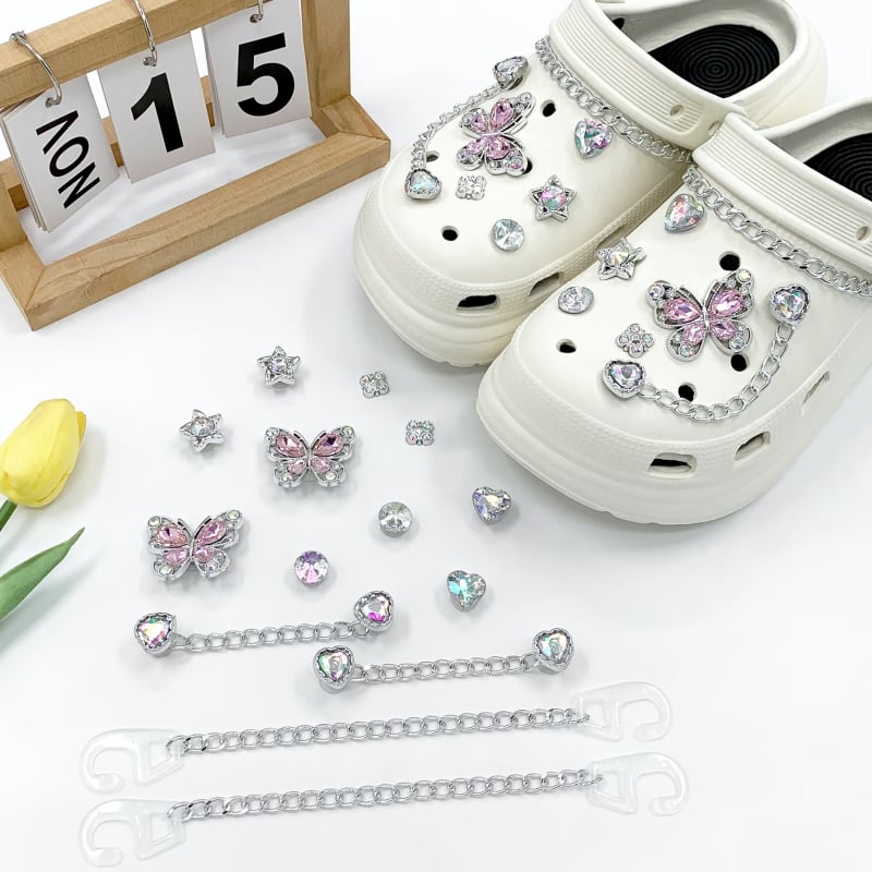 Crocs DIY set dodataka: rhinestones leptir lanac i kopča s cvijetom, Nr-0043, Nolan; kompatibilno s Crocs i drugim modelima; stil: kopča; godišnja doba: ljeto, zima, proljeće, jesen