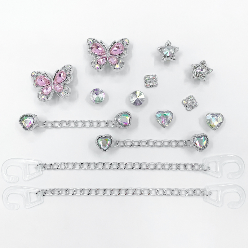 Crocs DIY set dodataka: rhinestones leptir lanac i kopča s cvijetom, Nr-0043, Nolan; kompatibilno s Crocs i drugim modelima; stil: kopča; godišnja doba: ljeto, zima, proljeće, jesen