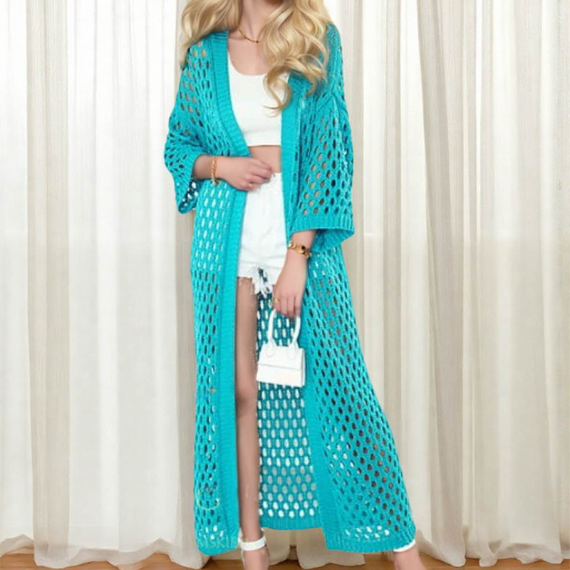 Cardigan haljina s perforiranom mrežicom, imitacija pamuka i acetat vlakna, slobodan kroj, dugi rukavi, 80-100 cm