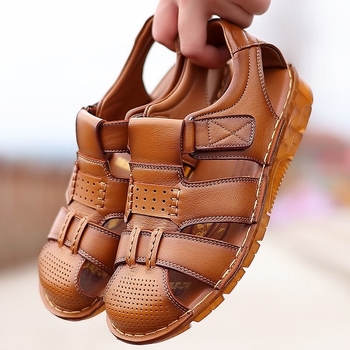 Muške sandale od kože goveda, gornji dio od kože, đon od teleće tetive, plažni stil s zaštitom prsta, kopčanje na Velcro, prozračni, protuklizni