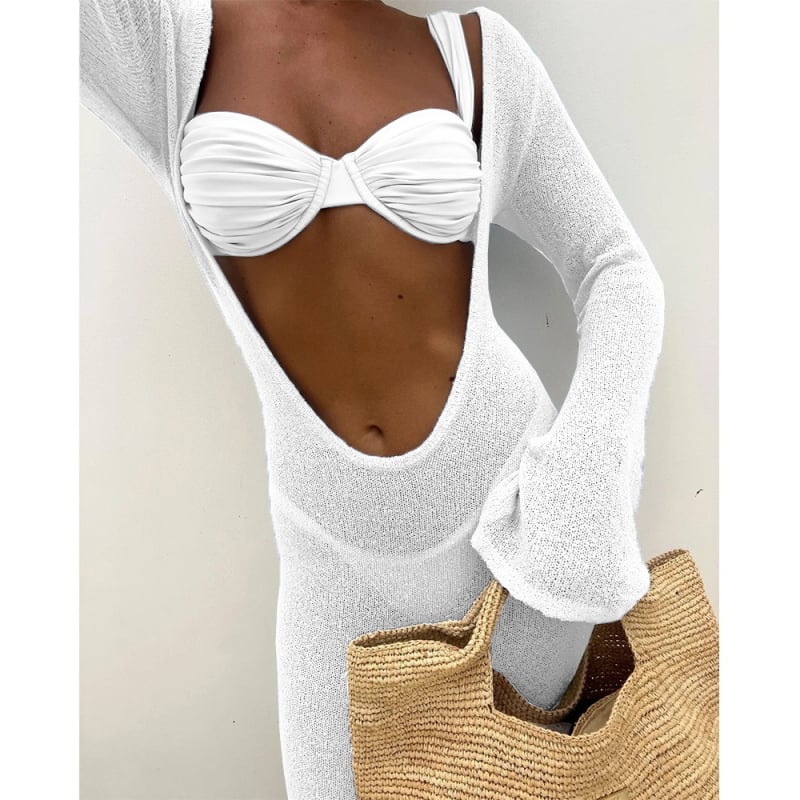 Комплект от три части бански за жени; секси стил и висока еластичност; нейлон 82% + полиестер 18% подплата; метална опора и подплънки за бюст; есен 2025