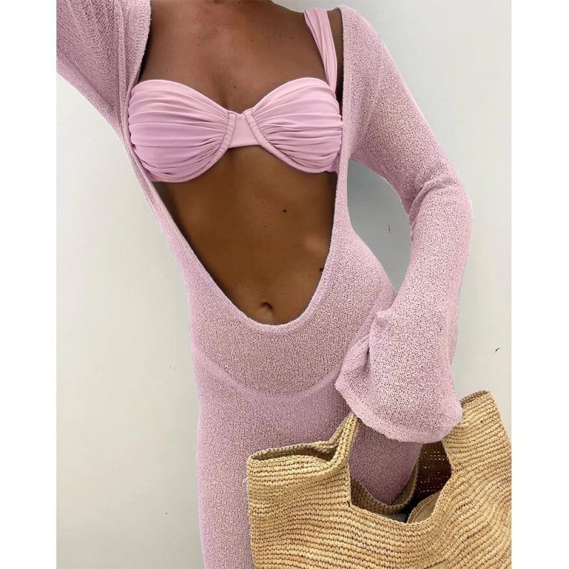 Комплект от три части бански за жени; секси стил и висока еластичност; нейлон 82% + полиестер 18% подплата; метална опора и подплънки за бюст; есен 2025