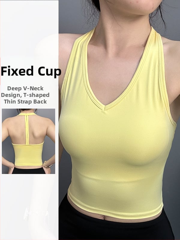 Τοπ χωρίς μανίκια για άθληση – γυναικείος τοπ γιόγκα με ενιαία cup, ανοιχτή πλάτη και halter λαιμού • Ύφασμα 80% νάιλον, 20% σπαντέξ • Κωδ. A35 • Για τρέξιμο, ποδηλασία