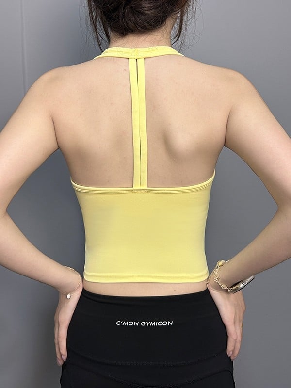 Τοπ χωρίς μανίκια για άθληση – γυναικείος τοπ γιόγκα με ενιαία cup, ανοιχτή πλάτη και halter λαιμού • Ύφασμα 80% νάιλον, 20% σπαντέξ • Κωδ. A35 • Για τρέξιμο, ποδηλασία