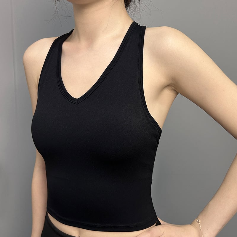 Τοπ χωρίς μανίκια για άθληση – γυναικείος τοπ γιόγκα με ενιαία cup, ανοιχτή πλάτη και halter λαιμού • Ύφασμα 80% νάιλον, 20% σπαντέξ • Κωδ. A35 • Για τρέξιμο, ποδηλασία