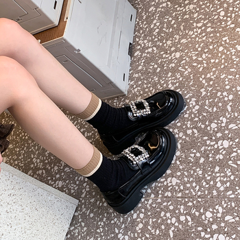 Platform loafers s okruglim nosom, kvadratna kopča sa kristalima, platforma, debeli potplat, mikrovlakna podstava