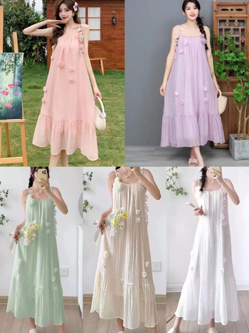 Midi haljina s trakama, francuski stil, Tencel tkanina, srednja duljina, U-oblik vratni izrez