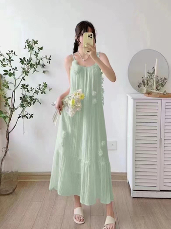 Midi haljina s trakama, francuski stil, Tencel tkanina, srednja duljina, U-oblik vratni izrez