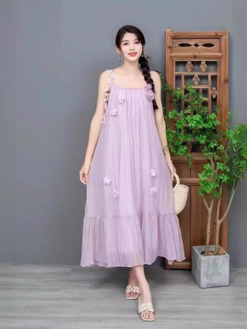 Midi haljina s trakama, francuski stil, Tencel tkanina, srednja duljina, U-oblik vratni izrez