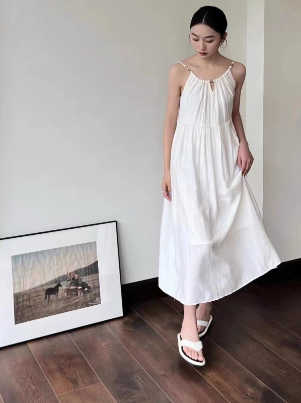 Midi haljina s trakama, francuski stil, Tencel tkanina, srednja duljina, U-oblik vratni izrez