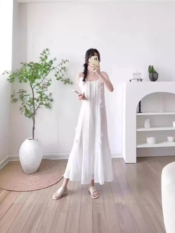 Midi haljina s trakama, francuski stil, Tencel tkanina, srednja duljina, U-oblik vratni izrez