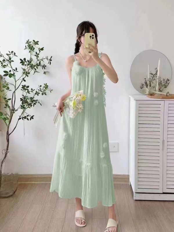 Midi haljina s trakama, francuski stil, Tencel tkanina, srednja duljina, U-oblik vratni izrez