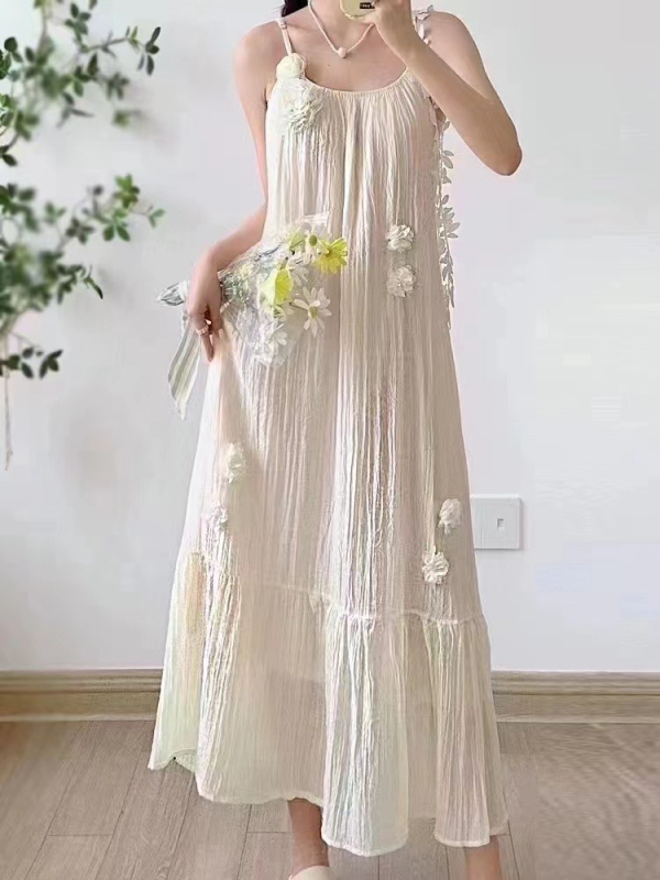 Midi haljina s trakama, francuski stil, Tencel tkanina, srednja duljina, U-oblik vratni izrez