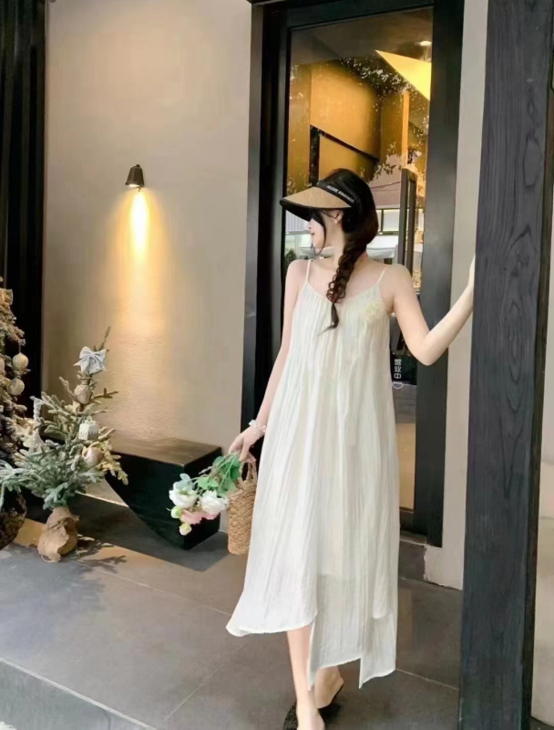 Midi haljina s trakama, francuski stil, Tencel tkanina, srednja duljina, U-oblik vratni izrez