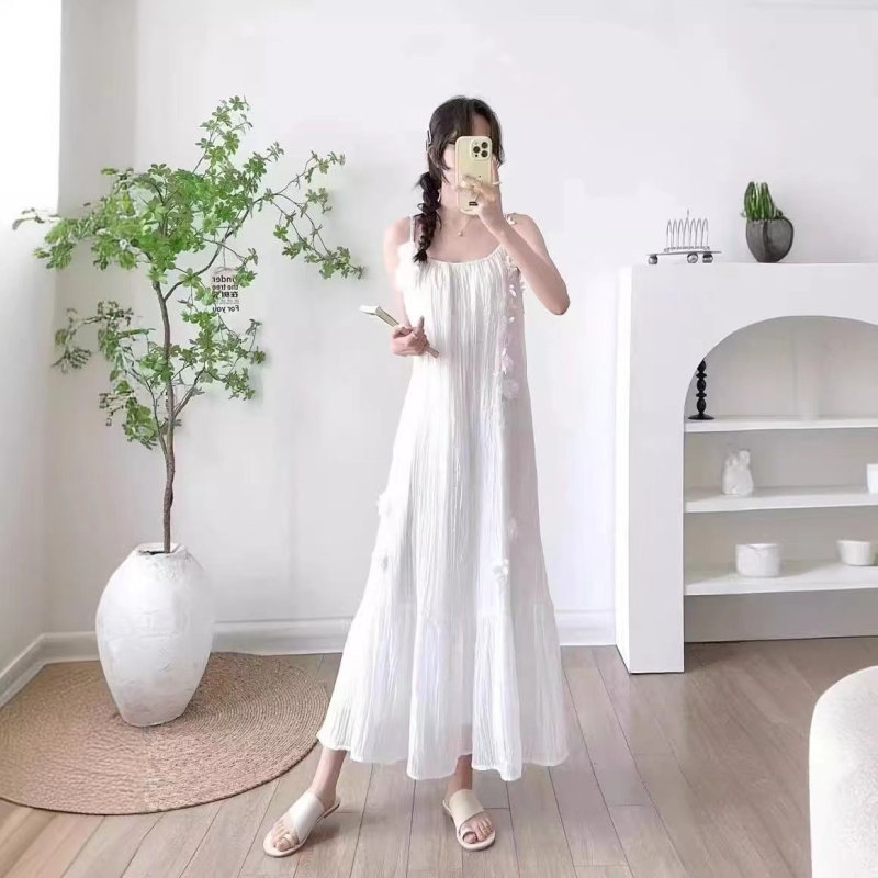 Midi haljina s trakama, francuski stil, Tencel tkanina, srednja duljina, U-oblik vratni izrez