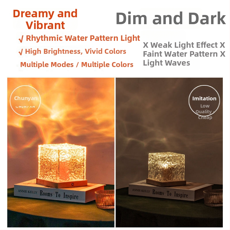 Noćna lampa od masivnog drveta s motivom vodnih valova, daljinsko upravljanje i kontrola putem aplikacije, napajanje baterijom, stolna lampa