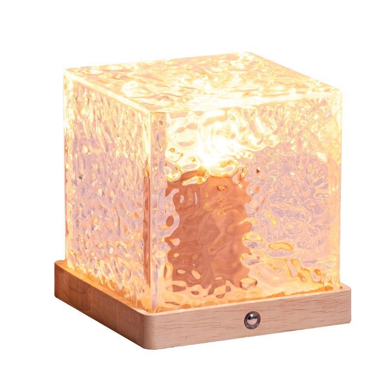 Noćna lampa od masivnog drveta s motivom vodnih valova, daljinsko upravljanje i kontrola putem aplikacije, napajanje baterijom, stolna lampa