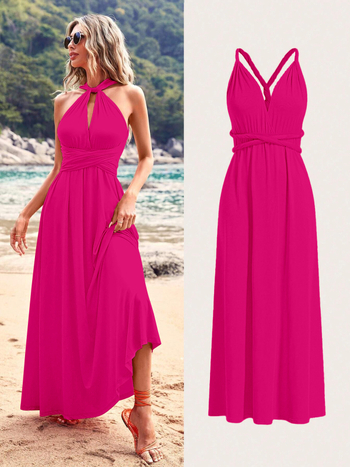 Milk Silk duga haljina s halter-izrezom, V-izrez, bez rukava, visokim strukom, suknja u stilu vile
