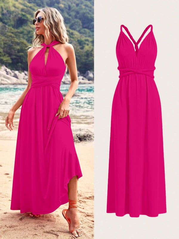 Milk Silk duga haljina s halter-izrezom, V-izrez, bez rukava, visokim strukom, suknja u stilu vile