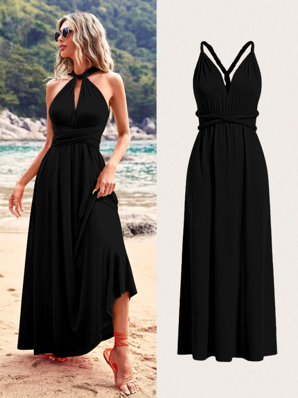 Milk Silk duga haljina s halter-izrezom, V-izrez, bez rukava, visokim strukom, suknja u stilu vile