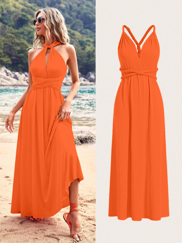 Milk Silk duga haljina s halter-izrezom, V-izrez, bez rukava, visokim strukom, suknja u stilu vile