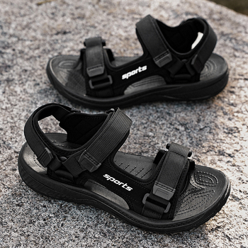 Muške sandale za plažu – dišuće, lagane, brzo sušeće; Velcro zatvaranje; gornji materijal: tkanina + koža; potplat: guma Goodyear