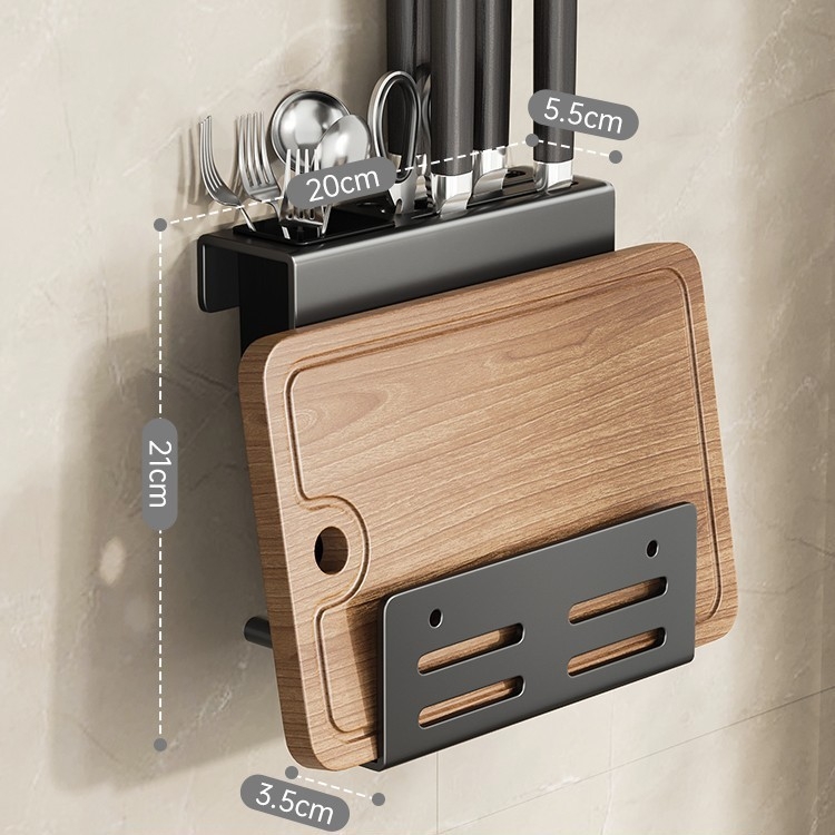 Bathper Suport pentru cuțite montat pe perete, multifuncțional, din oțel-carbon, fără găuri, 1 etaj, pentru cuțite și tocătoare