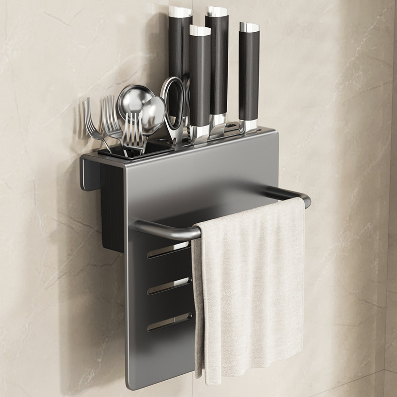 Bathper Suport pentru cuțite montat pe perete, multifuncțional, din oțel-carbon, fără găuri, 1 etaj, pentru cuțite și tocătoare