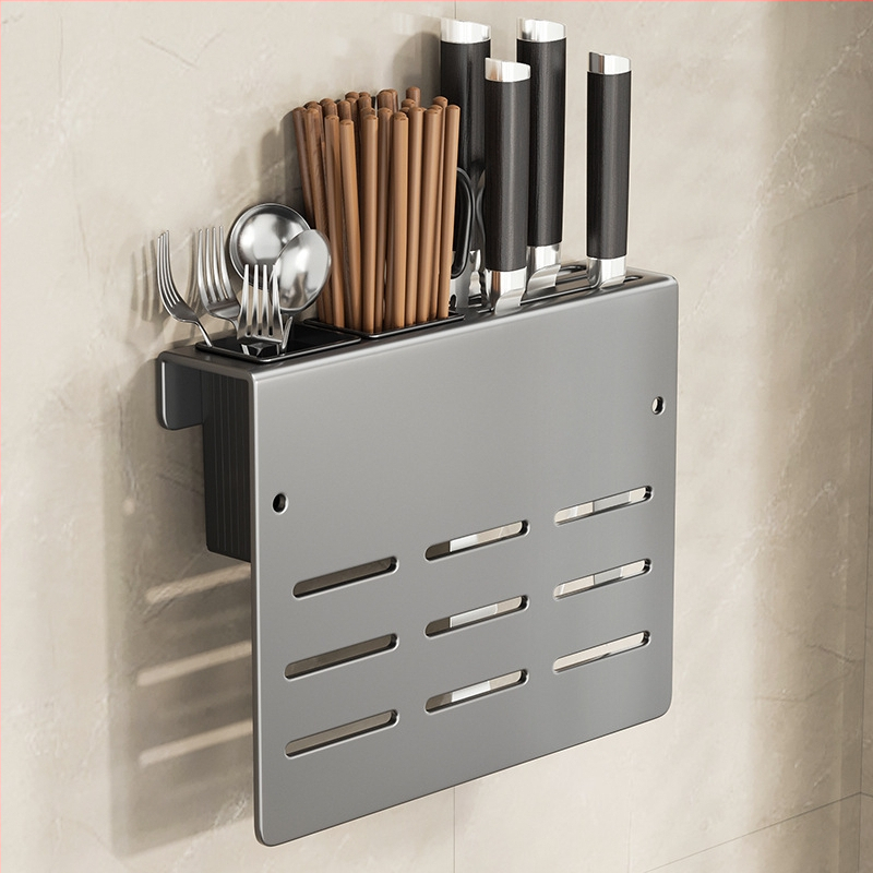 Bathper Suport pentru cuțite montat pe perete, multifuncțional, din oțel-carbon, fără găuri, 1 etaj, pentru cuțite și tocătoare