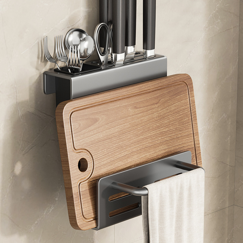 Bathper Suport pentru cuțite montat pe perete, multifuncțional, din oțel-carbon, fără găuri, 1 etaj, pentru cuțite și tocătoare