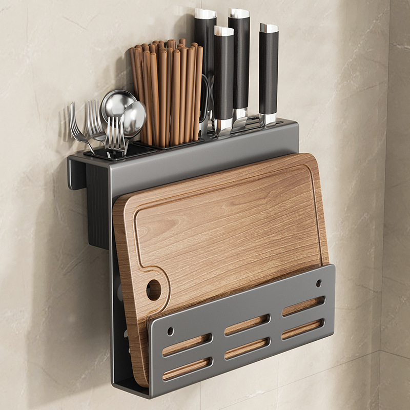 Bathper Suport pentru cuțite montat pe perete, multifuncțional, din oțel-carbon, fără găuri, 1 etaj, pentru cuțite și tocătoare