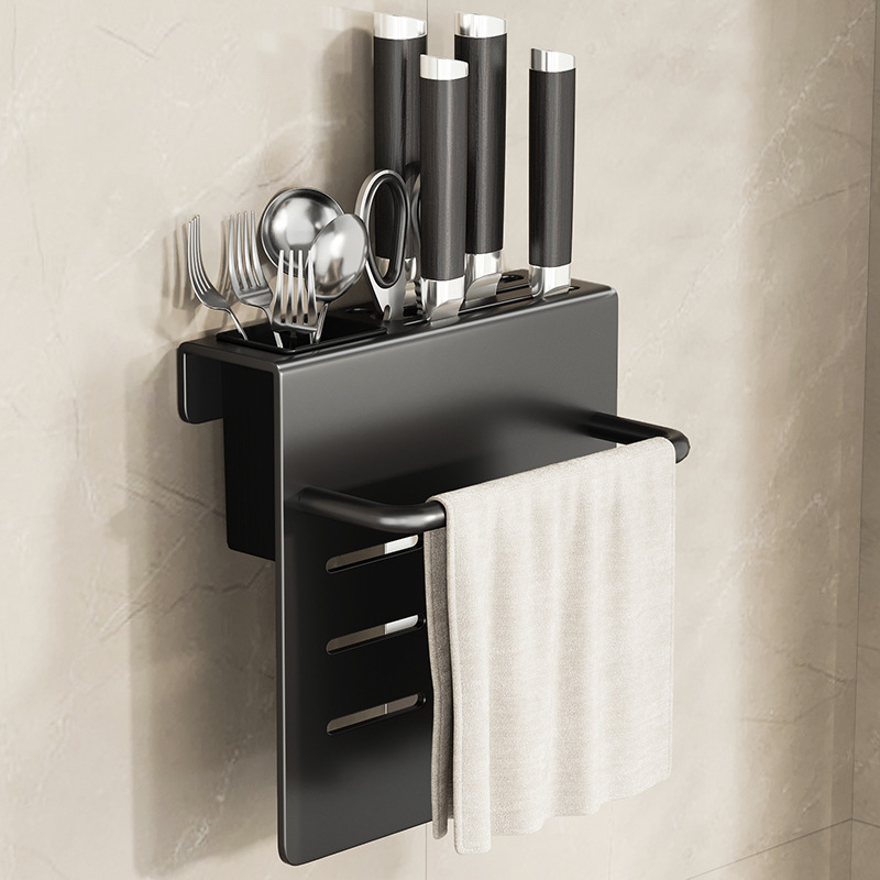 Bathper Suport pentru cuțite montat pe perete, multifuncțional, din oțel-carbon, fără găuri, 1 etaj, pentru cuțite și tocătoare