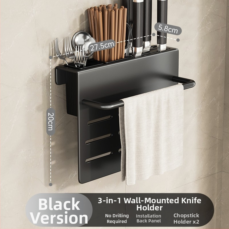 Bathper Suport pentru cuțite montat pe perete, multifuncțional, din oțel-carbon, fără găuri, 1 etaj, pentru cuțite și tocătoare