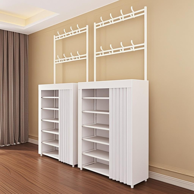 Ράφι παπουτσιών και καπέλων για εσωτερική είσοδο, ελεύθερο τοποθετούμενο στο πάτωμα, πολλαπλών επιπέδων, προστασία από σκόνη, με πόρτα