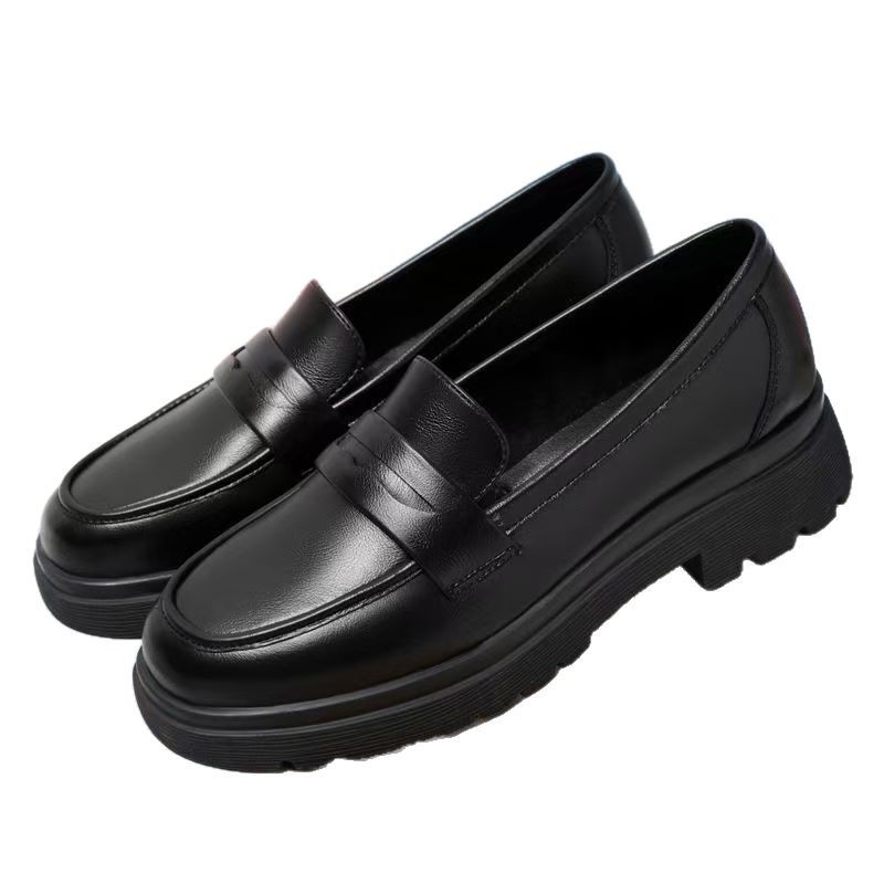 Ženske crne kožne loafers s kopčom, okrugli vrh, gornji dio od dvostruke svinjske kože, gumena potplat, debeli pet 3-5 cm
