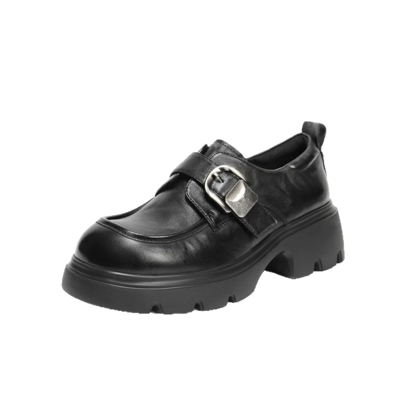 Ženske loaferice od kože prvog sloja, okrugli nos, srednje visok pet 3-5 cm, debeli pet, TPR đon